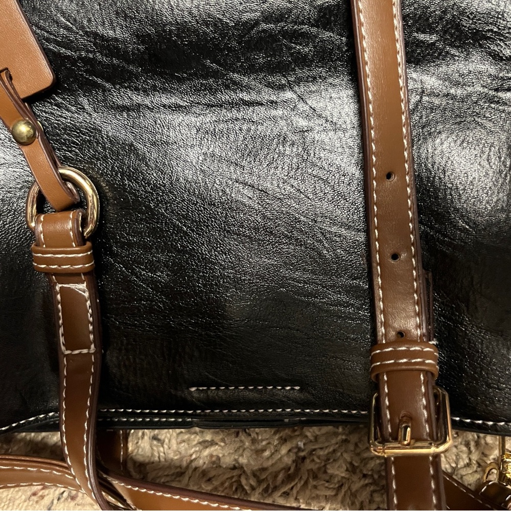 Faux Leather Two-Tone Crossbody Tote Bag. Black brown - Picture 6 of 12